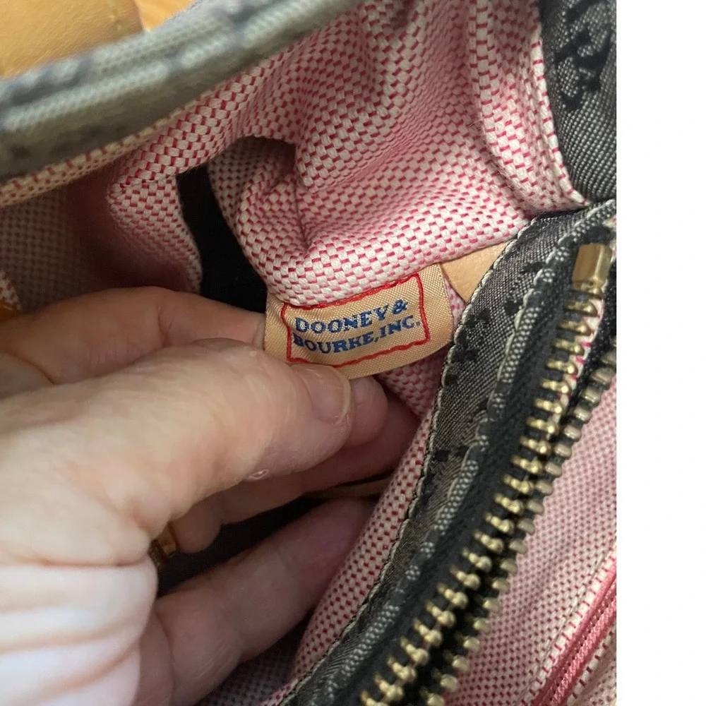 Dooney & Bourke Gray Canvas East/West Shopper Monogram‎ Tote Bag Tan Leather EUC